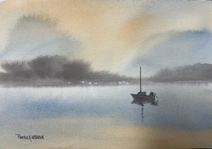 5”x7” Landscape Original Watercolor Of A Fishing Boat On Calm Morning Waters - Picture 1 of 2