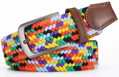 New Men's Women Belt Multicolor Woven Braided Canvas Elastic Jeans Belts Buckle - Image 1 of 4
