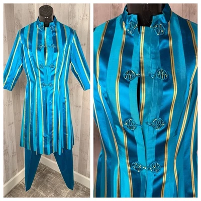 Vintage 70s Dynasty 2PC Chinese Turquoise Blue Satin Jacket & Pedal Pusher Pants - Image 1 of 4