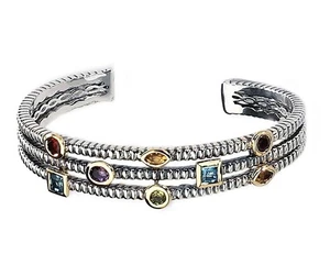 Multi-Gemstone Cuff Bracelet Sterling Silver with 14K Gold Accents - Picture 1 of 2