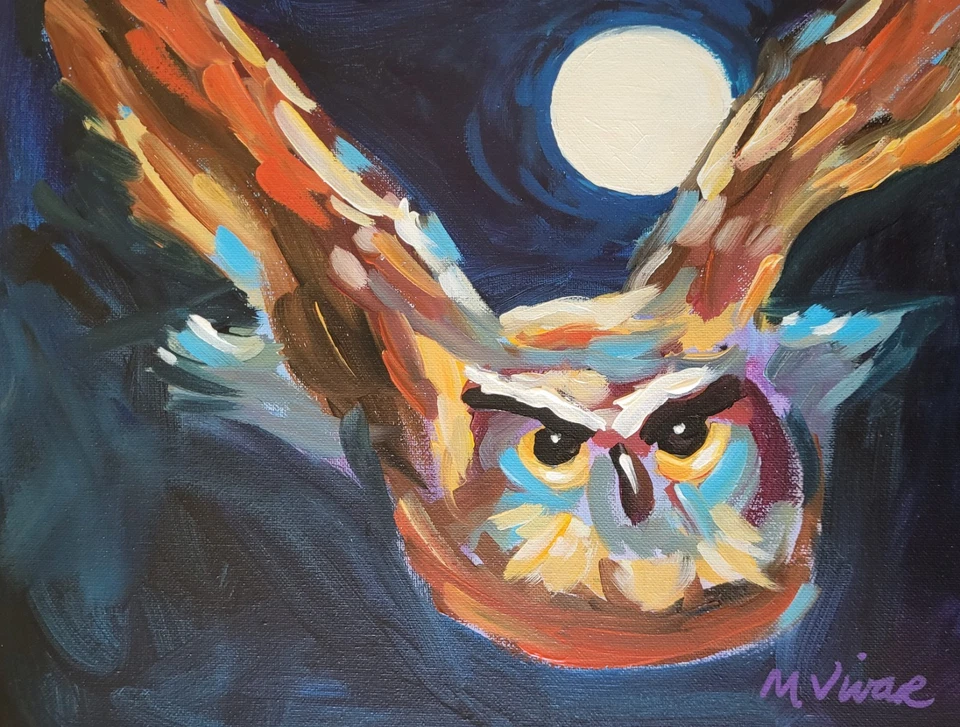 Оригинальная красочная картина сова в стиле импрессионизма MONA VIVAR 11x14 - Изображение 1 из 1