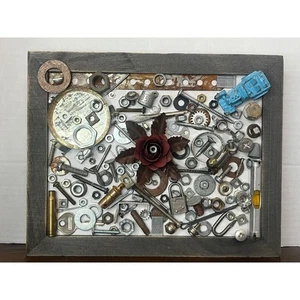 Industrial Metal Art Assemblage Sculpture Nuts Bolts Gears Rose Car Decor - Picture 1 of 4