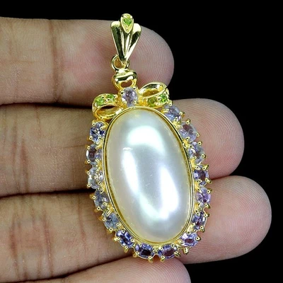 925 Sterling Silber Anhänger Oval Tansanit Chrom Diopsid Mop Edelstein Schmuck - Bild 1 von 4