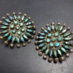 Orecchini Vintage ZUNI Snake Eye Petit Point TURCHESE Clip-On Argento Sterling 1" - Foto 1 di 13