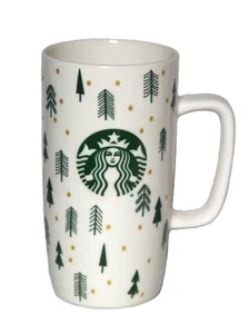 Starbucks Holiday Tall Ceramic Coffee Mug Christmas Trees 16 oz Green White Gold - Picture 1 of 1
