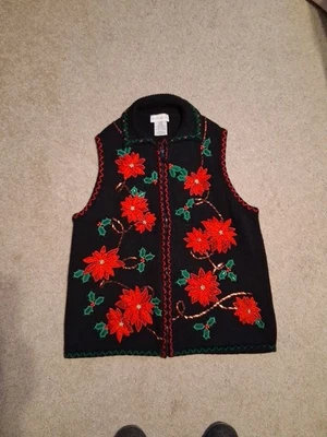 Feo Chaleco Navidad Poinsettia Suéter Negro Rojo Cuentas Grande Vacaciones Navidad Foto 1 de 4