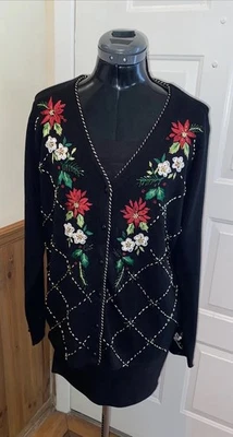 Винтажный Kikit Морис Сассон женщин Рождество вышитый цветочный свитер кардиган L - Изображение 1 из 4