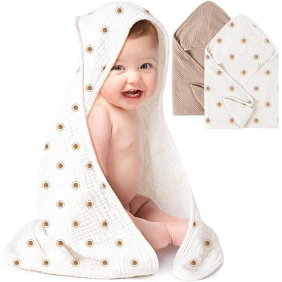 2-Pack Muslin Hooded Baby Towels, 100 Cotton, 32x32 inch, Camel, Sun, Infant - Image 1 of 4