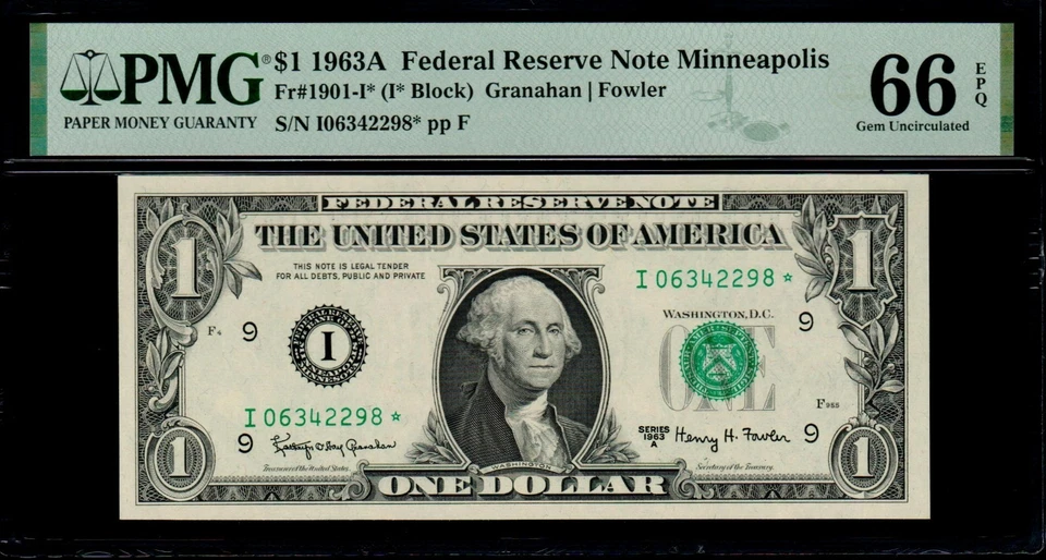 1963A $1 MINNEAPOLIS STAR NOTE PMG 66 EPQ Fr 1901-I* Gem Uncirculated FRN I/* - Image 1 of 2