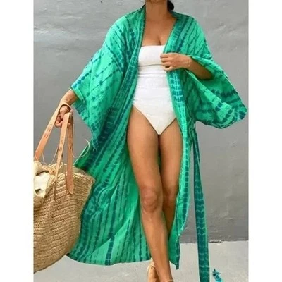 New Boho Flowy Ombre Tie Dye Beach Swim Coverup Maxi Duster Front Tie Green B500 - Image 1 of 4