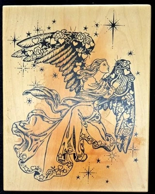 Sello de goma PSX K-1332 ángel dorado tocando arpa estrellas flores religiosas Foto 1 de 2