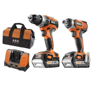 AEG 2 Piece 18V Cordless Hammer Drill & Impact Driver Kit 4Ah x 2 Combo Kit +Bag - Picture 1 of 6
