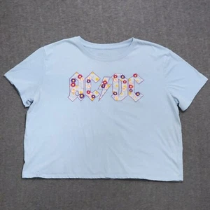 ACDC Crop Top T-shirt Women Size XXL Blue Embroidered Flowers Band STAINS FLAWS - Picture 1 of 23