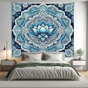 Bohemian Blue Lotus Mandala Tapestry Psychedelic Wall Hanging Boho Decor - Picture 1 of 4