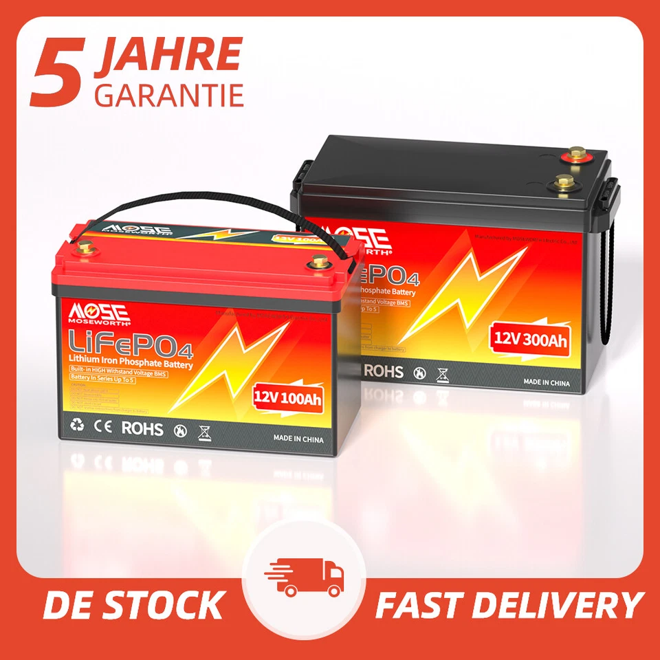 MOSEWORTH 12V 24V 36V 48V 50Ah 100Ah 200Ah 300Ah LiFePO4 Lithium Batterie BMS Wohnwagen
