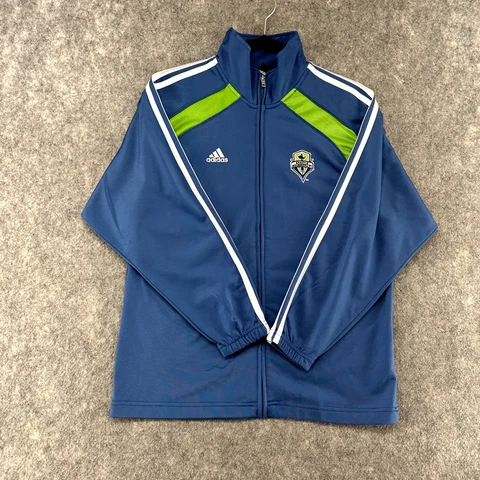 Seattle Sounder Sweater Mens Medium Blue Green Logo Spellout Stripe 2009 Adidas Cover