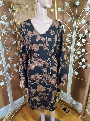Size 22 / 24 Black Dress Brown Earth Tone Floral Long Sleeves   White Stag Woman - Image 1 of 4