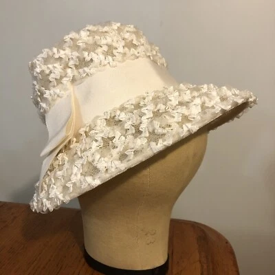 Vtg 50's-60's Wedding Ivory Cream Structure Wide Brim Hat Grosgrain Ribbon - Image 1 of 4