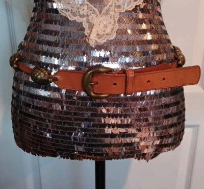 CINTURÓN DE CUERO MARRÓN CONCHO TORTUGA TONO DORADO LIZ CLAIBORNE VINTAGE GRANDE #28150 Foto 1 de 4