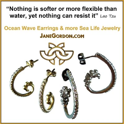 NEW Ocean Wave Hoop Earrings-Sterling Silver & diamonds- small- Beach Sea Nature - Image 1 of 4