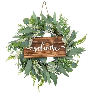 20 Inch Green Eucalyptus Wreath for Front Door- Handicraft Bamboo Frame with ... - Picture 1 of 9