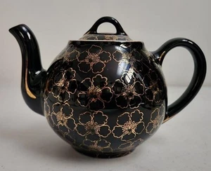 Hall Teapot French Flower Black and Gold Floral. 6 Cup 050. Made in USA. - Picture 1 of 8