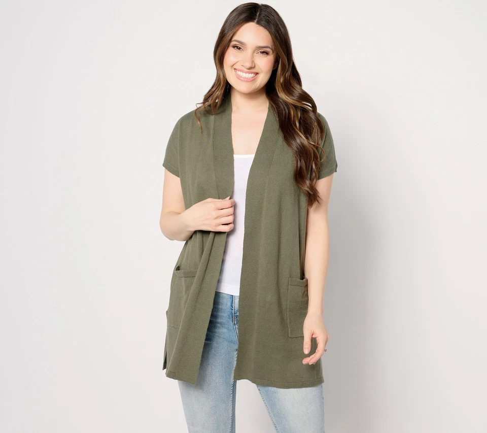 Denim & Co. Naturals Regular Short Sleeve Tunic Cardigan Sweater Dark Olive S Ne - Image 1 of 1