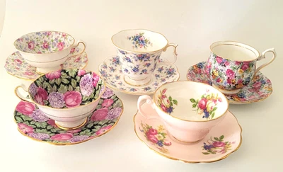 5 tazas de té y platillos de colección English Bone China Royal Albert, Rosina, Foley Foto 1 de 4