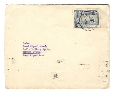 Peru 1937 Cover Lima-Buenos Aires Scott #C20 20Cent Solo Use Double Surface Rate - Image 1 of 2