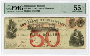 1862 Cr.33 $50 The State of MISSISSIPPI Note - CIVIL WAR Era w/ TRAIN PMG 55 EPQ - Picture 1 of 2