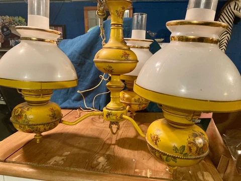 Vintage Tole Hand Painted CHANDELIER Floral 3 Arms Shabby Chic Yellow Glass Milk Cover