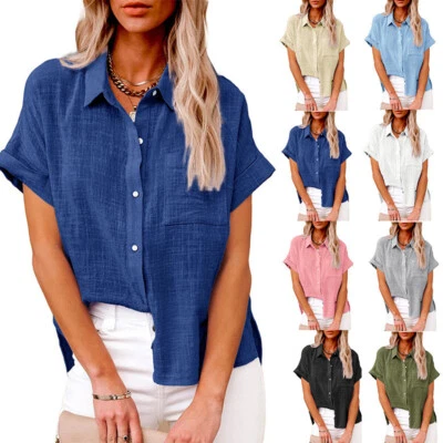 Women's Short Sleeve Solid Cotton Linen Shirt Casual Button Pocket Blouse Tops - Image 1 of 4