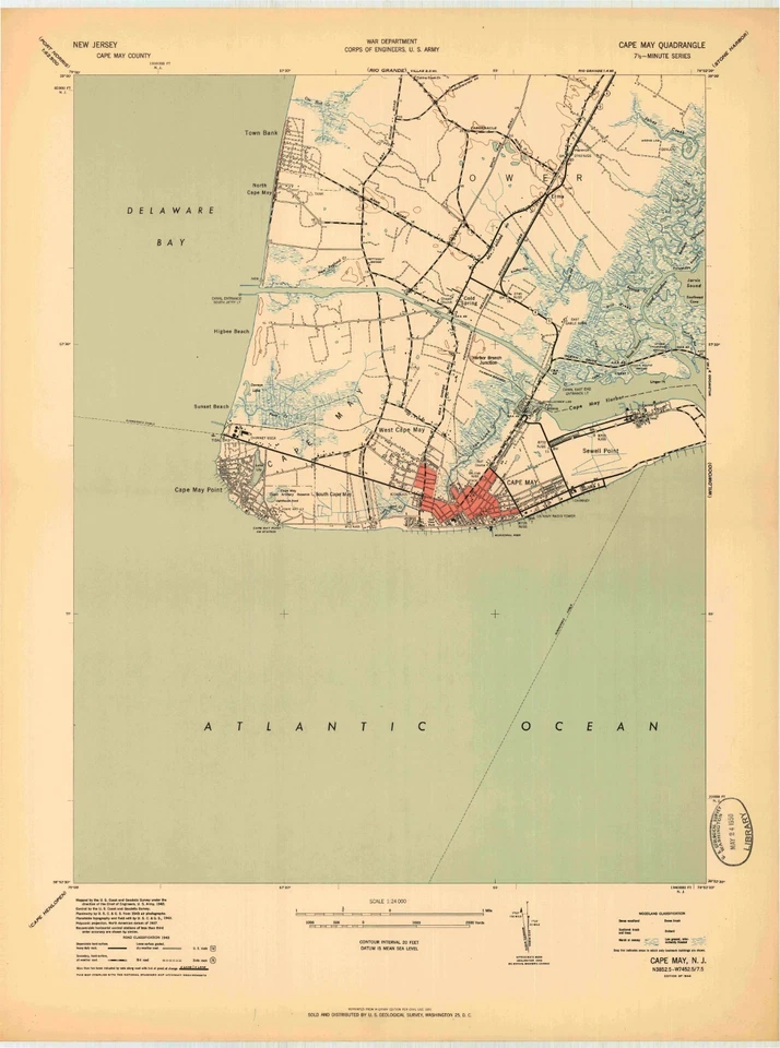 Cape May, NJ, Topographic Map, 1944, USGS – Premium Matte Print – Historic NJ - Image 1 of 1