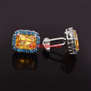 Lab Grown Citrine & Blue Topaz With 18K White Gold Plated Silver Cufflinks #913 - Picture 1 of 11