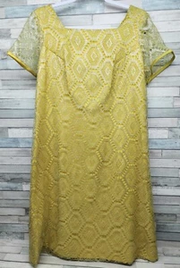 Vintage Dress Size 14 Upcycled 60s Dress Silver Lace Over Yellow Train Back Bow - Picture 1 of 16