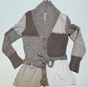 Liz & Co. Long Cardigan Sweater w/ Tie belt. Beige. Gray/brown. Cotton Blend - Picture 1 of 10