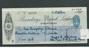 wbc. - CHEQUE - CH158 - USED -1930's - BARCLAYS BANK, SHREWSBURY - Picture 1 of 1