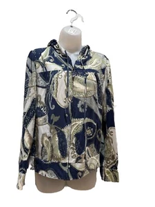 Caribbean Joe Zip Up Hoodie Paisley Floral Blues Cotton Medium Pockets Full Zip - Picture 1 of 8