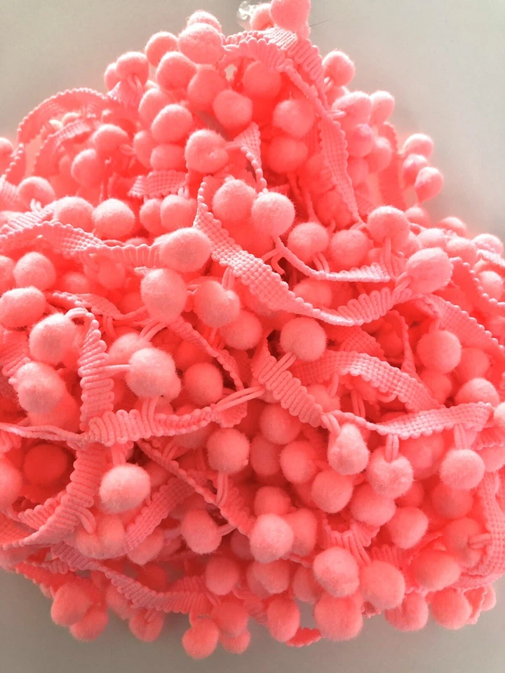 1 METRE BRIGHT CORAL POM POM TRIM 10mm POM POMS.  7mm RIBBON 22mm DROP - Image 1 of 1