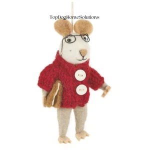christmas Student Mouse Hanging Felt Coat Glasses Red Jumper Decoration Gift - Picture 1 of 2
