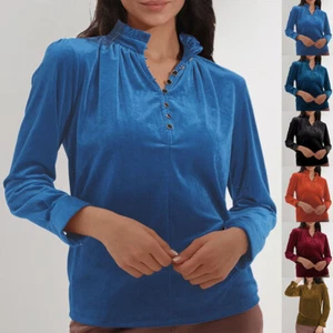 Women's Velvet V Neck Tops T Shirt Long Sleeve Ladies Evening Party Loose Blouse - Picture 1 of 20