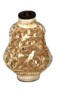 antique Chinese carved white lacquer perfume snuff bottle birds signed 2 1/2" - Picture 1 of 11