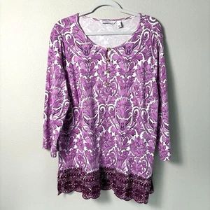 Isaac Mizrahi Live Damask Knit Embroidered Top Size XL Purple White 3/4 Sleeve - Picture 1 of 13