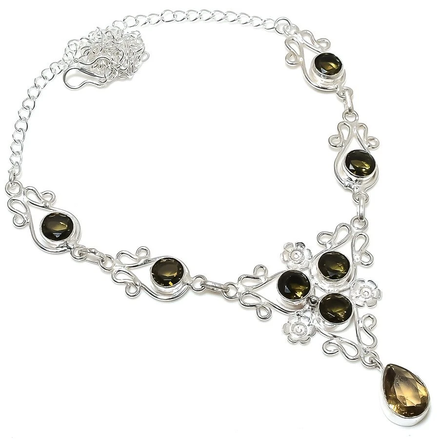 Smoky Quartz Gemstone Handmade 925 Sterling Silver Jewelry Necklace Size 18" - Image 1 of 1