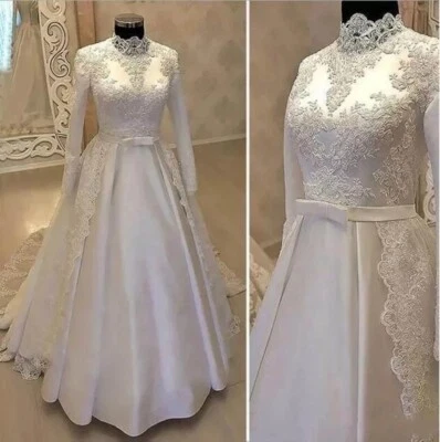 Muslim Wedding Dresses Long Sleeves High Neck Train Lace Appliques Bridal Gowns - Image 1 of 4