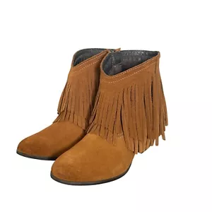 Taos Fringe Ankle Boots Womens 8 8.5 Brown Suede Leather Western BOHO Festival - Picture 1 of 14
