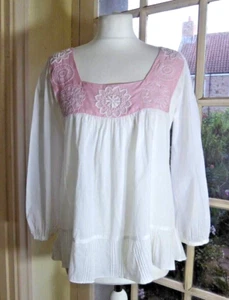 NOUGAT Smock Style White/Pink Lightweight Cotton/Silk Blouse~Size 2 (UK 12) - Picture 1 of 11