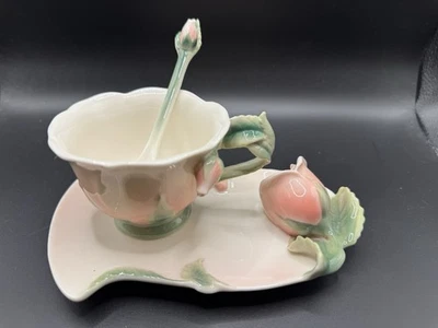 PIER 1 Imports Hand Painted Porcelain 3D Pink Rose/Leaves Teacup w/Saucer Set - Image 1 of 4