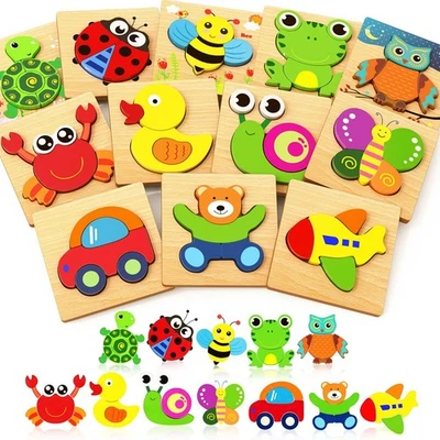 Wooden Puzzles Toddler Toys Gifts for 1 2 3 Year Old Girls Boys, 12 Pack Anim... - Image 1 of 4
