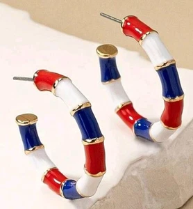 Patriotic Red White Blue Enamel Hoop Stud Earrings July 4 Independence Day New🎆 - Picture 1 of 6